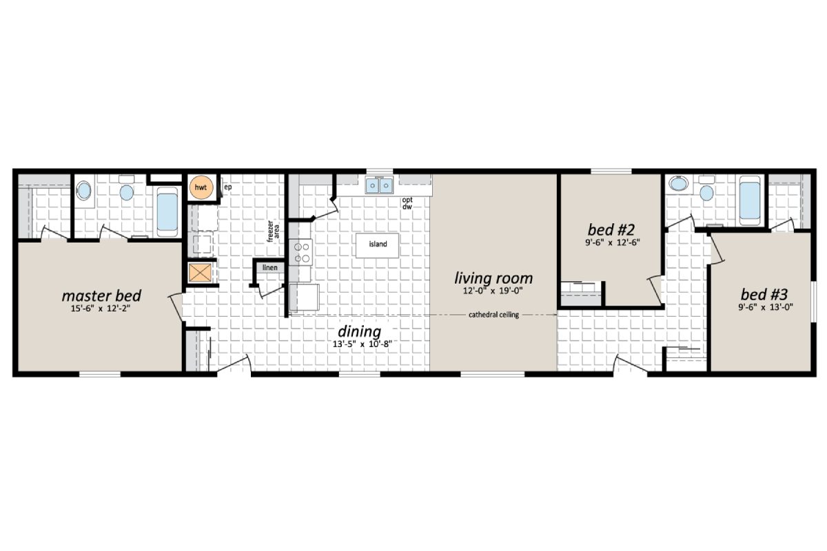 Three-bedroom house floor plan layout.