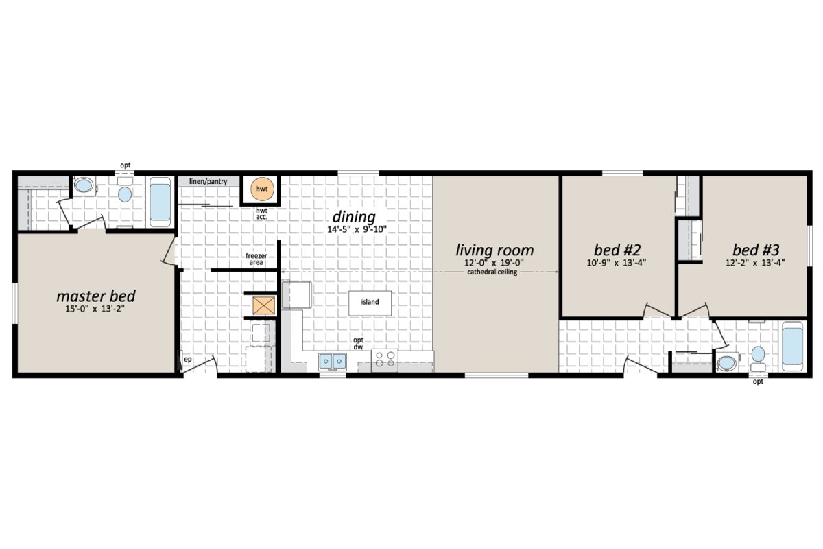 Three-bedroom house floor plan layout.