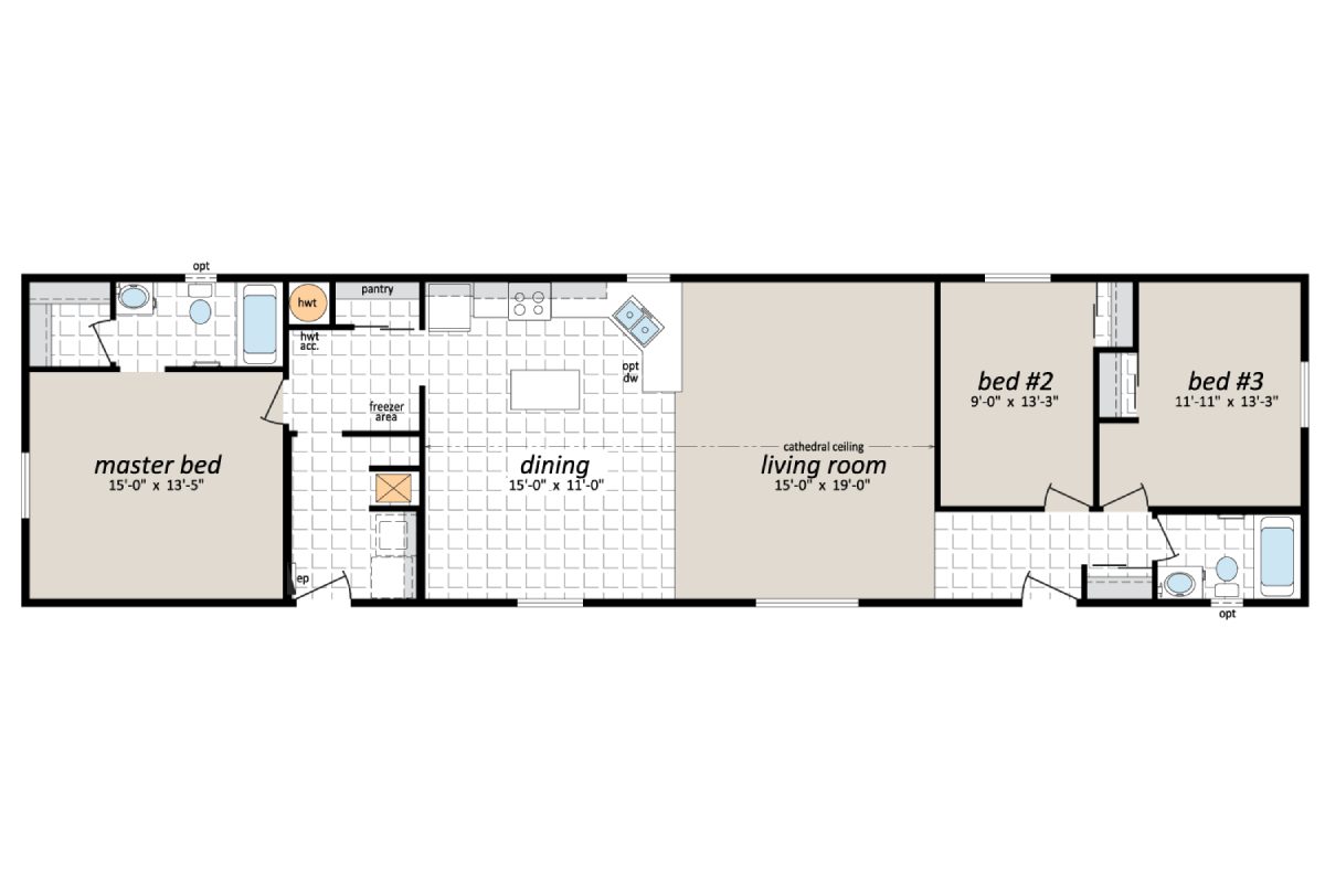 Floor plan with three bedrooms and kitchen.