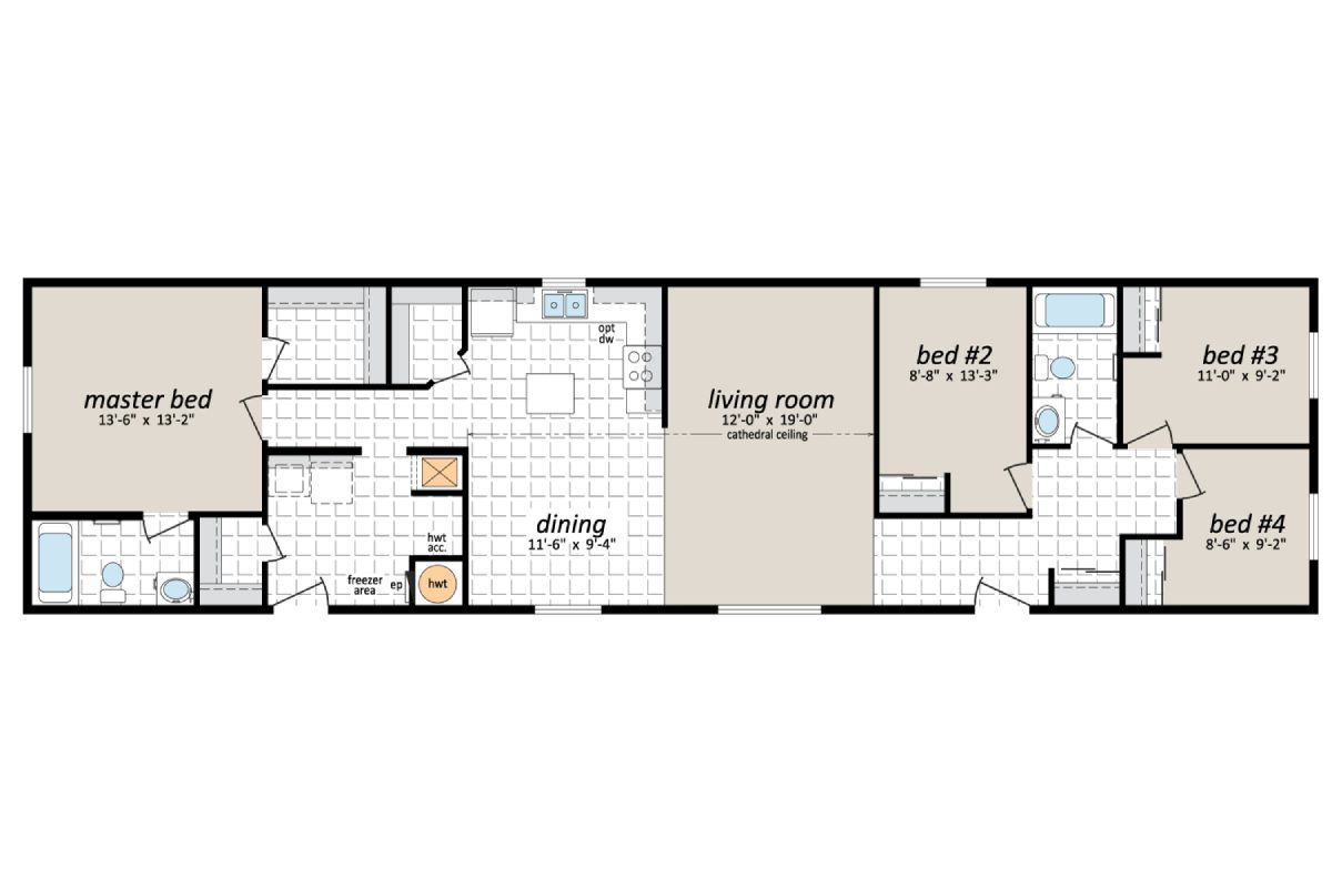 Four-bedroom house floor plan layout.