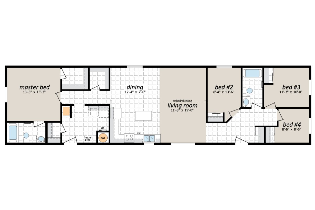 House floor plan with four bedrooms.