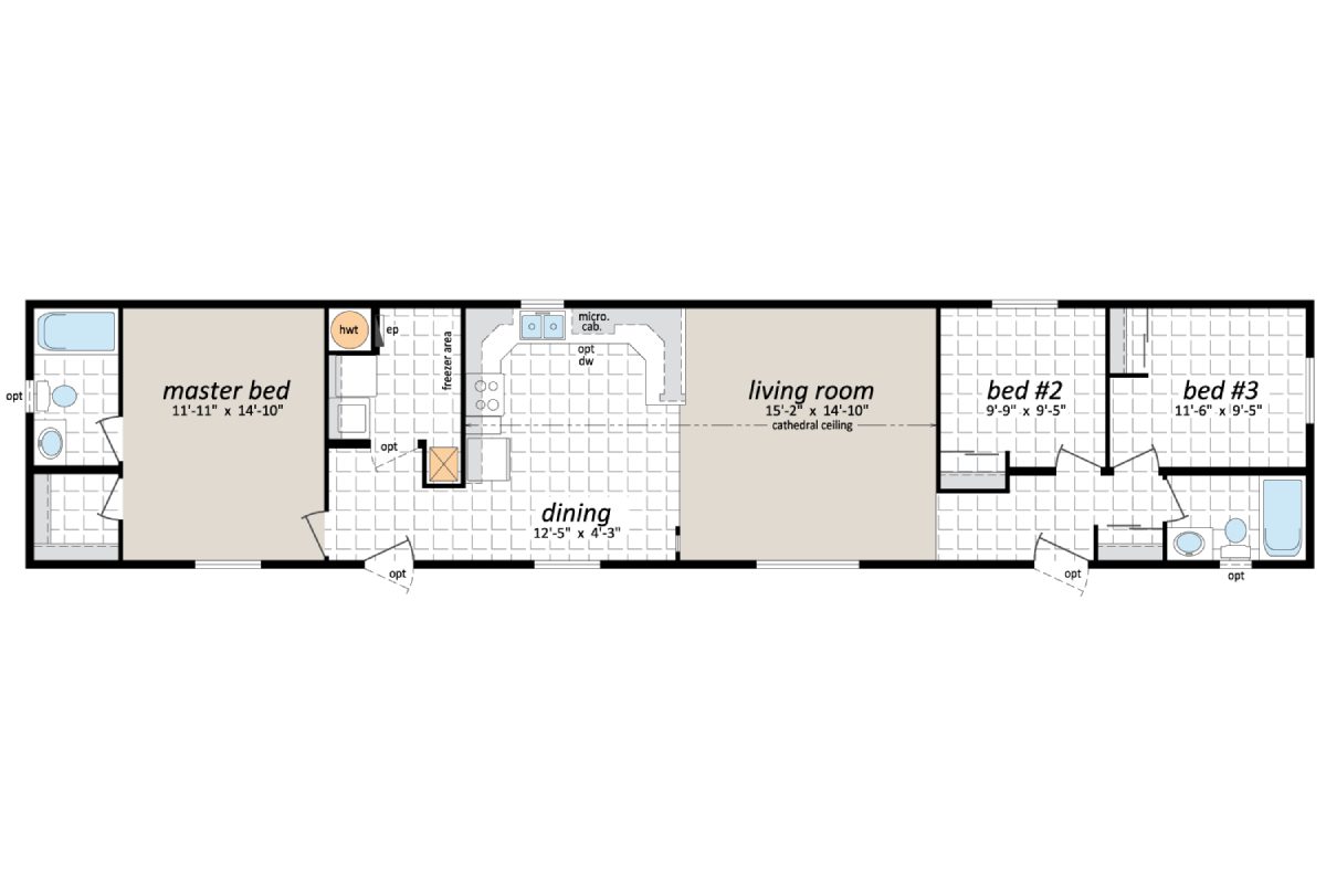 Three-bedroom house floor plan layout.