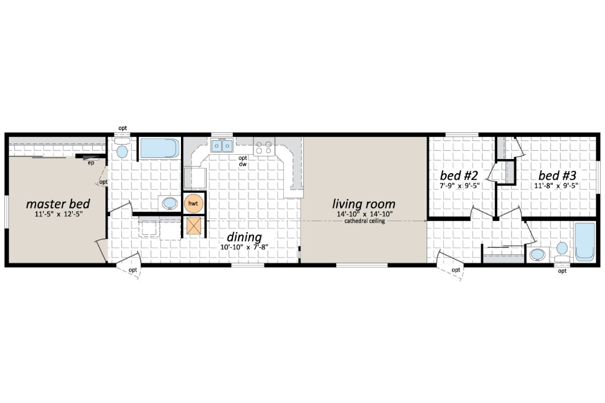 Three-bedroom house floor plan layout.