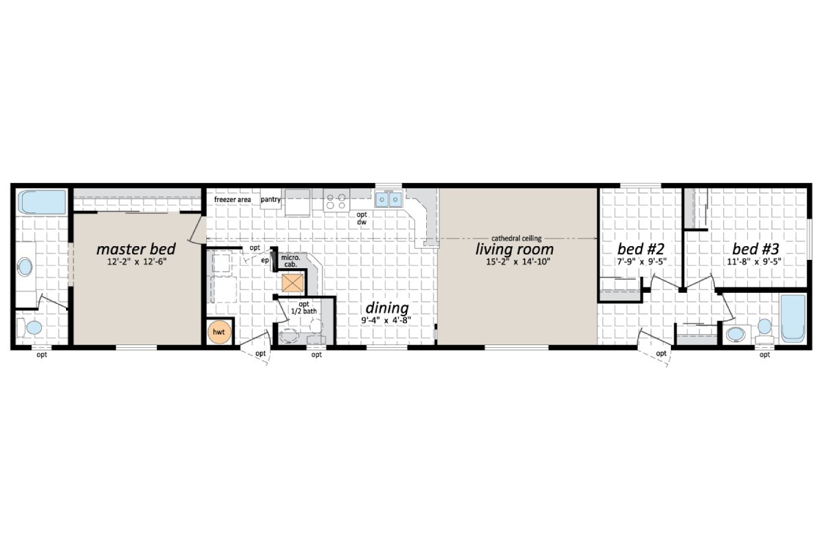 Three-bedroom house floor plan layout.