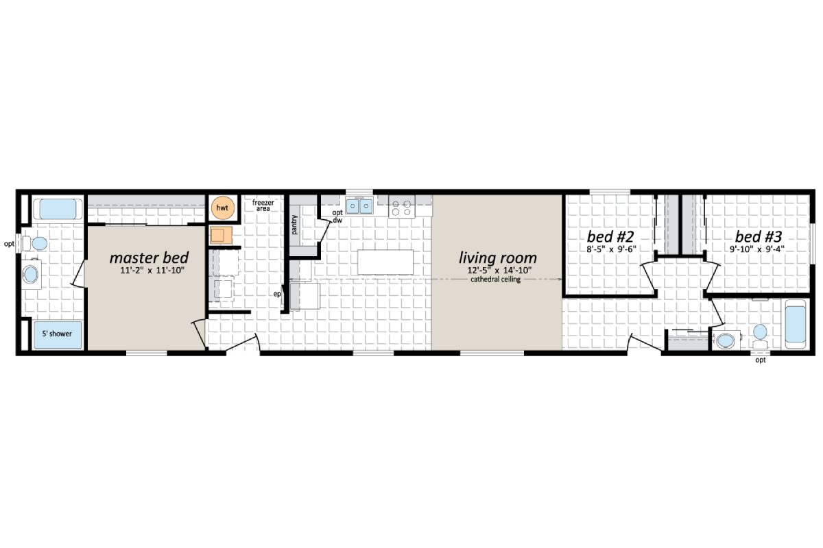 Three-bedroom house floor plan layout.