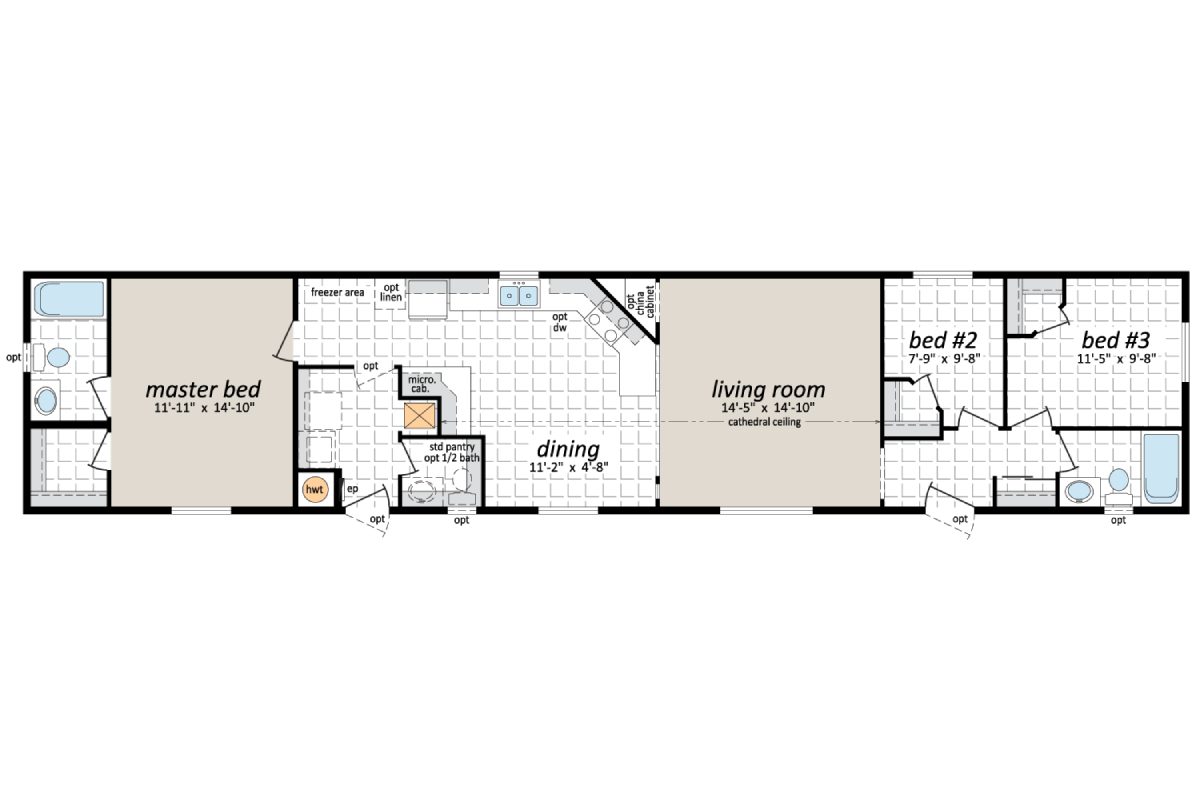 Floor plan with three bedrooms and living room.