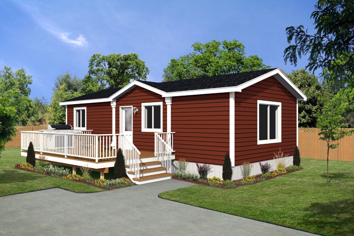 Red house with porch and surrounding greenery.