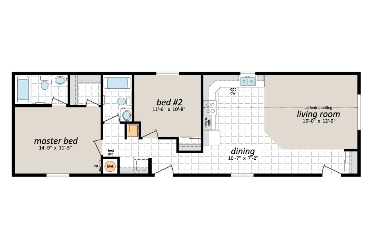 Two-bedroom house floor plan layout.