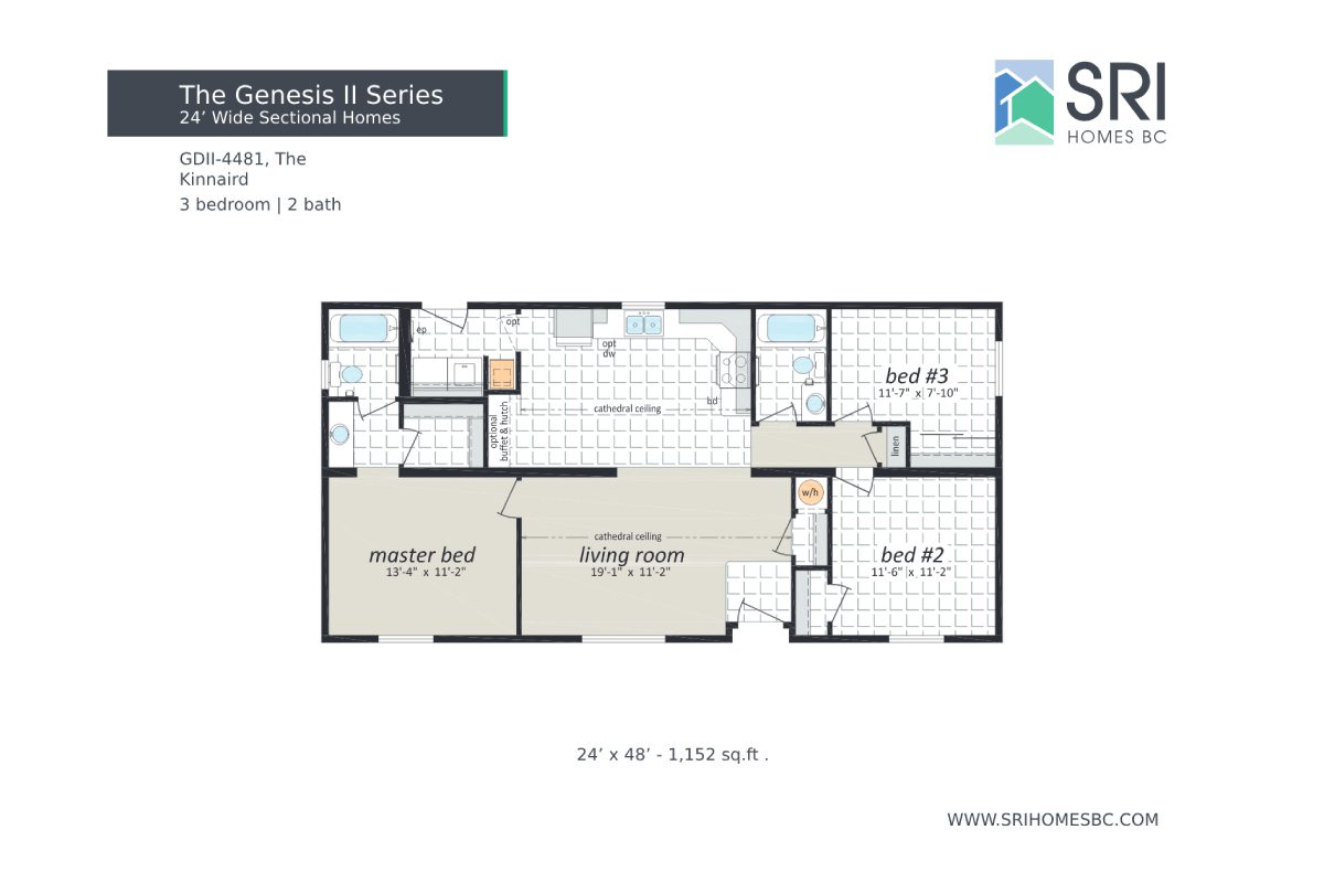 Three-bedroom, two-bathroom home floor plan.
