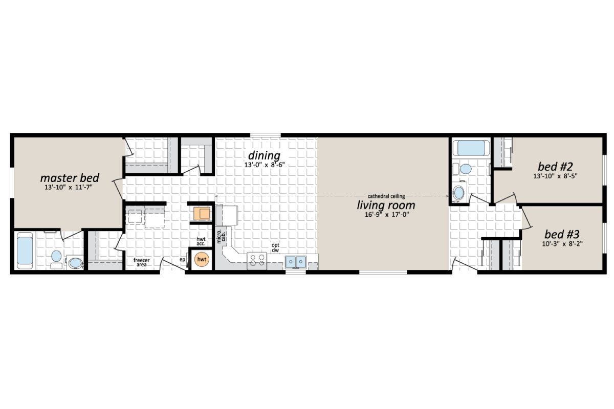 Three-bedroom apartment floor plan layout.