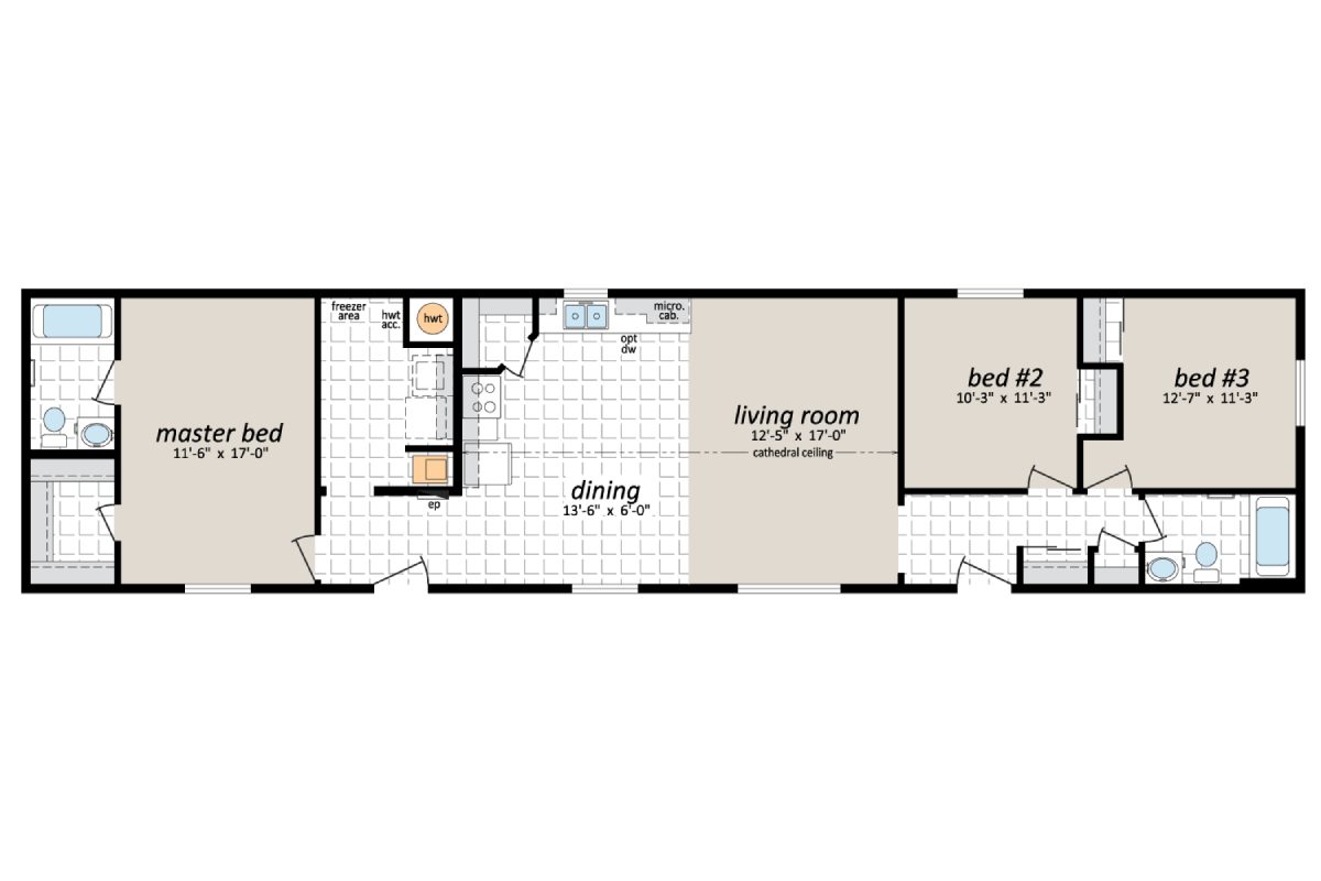 Floor plan with three bedrooms and living room.