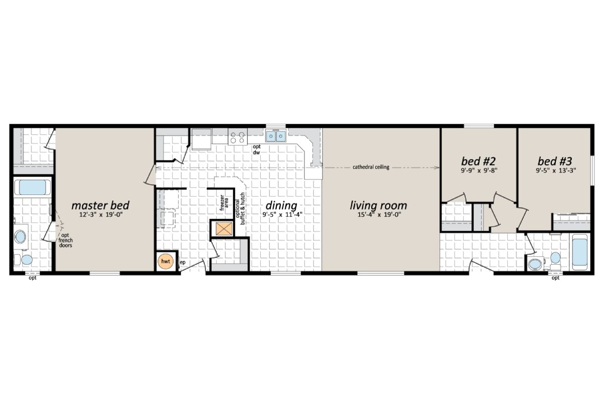 Three-bedroom apartment floor plan layout.