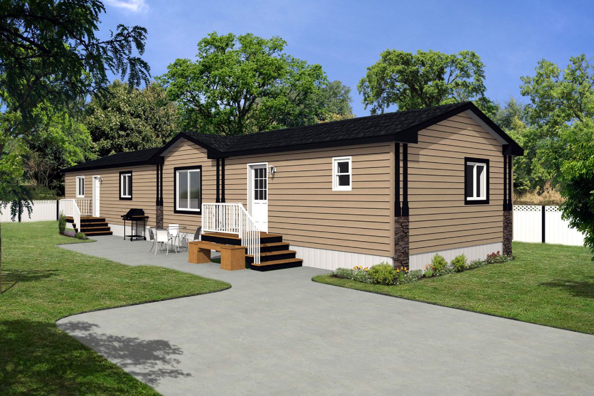 Brown mobile home with front steps.