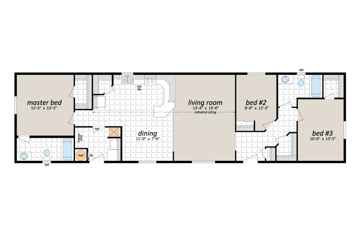 Three-bedroom house floor plan layout.
