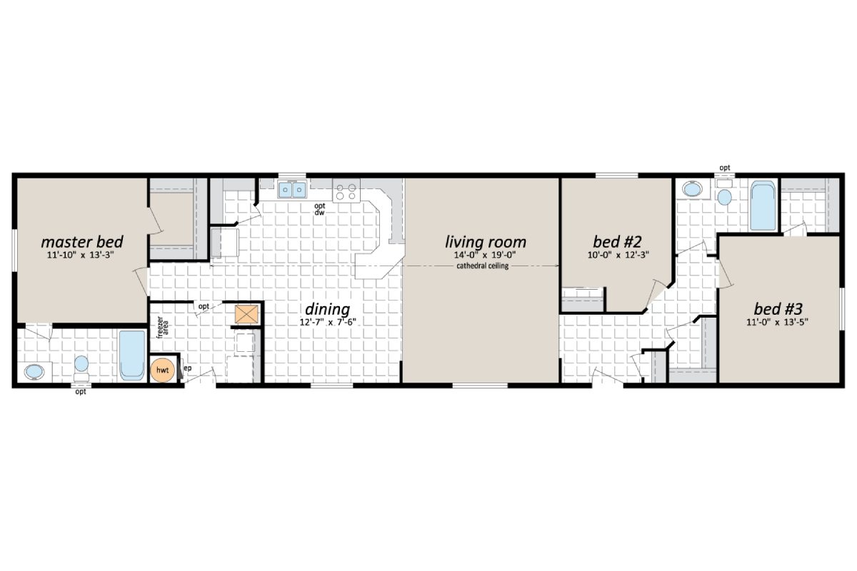 Three-bedroom house floor plan layout.