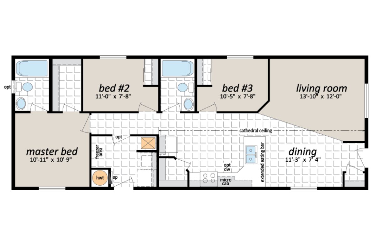 House floor plan with three bedrooms.