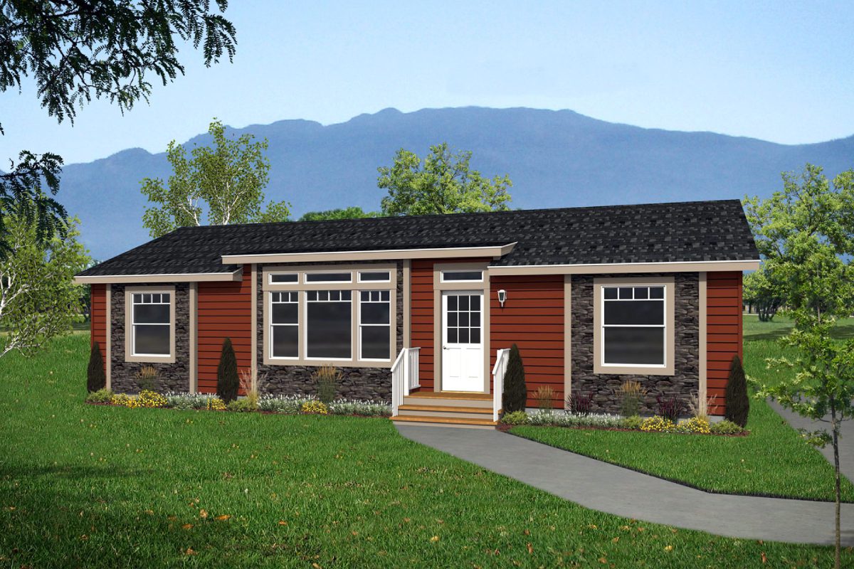 Red house with mountains in the background.