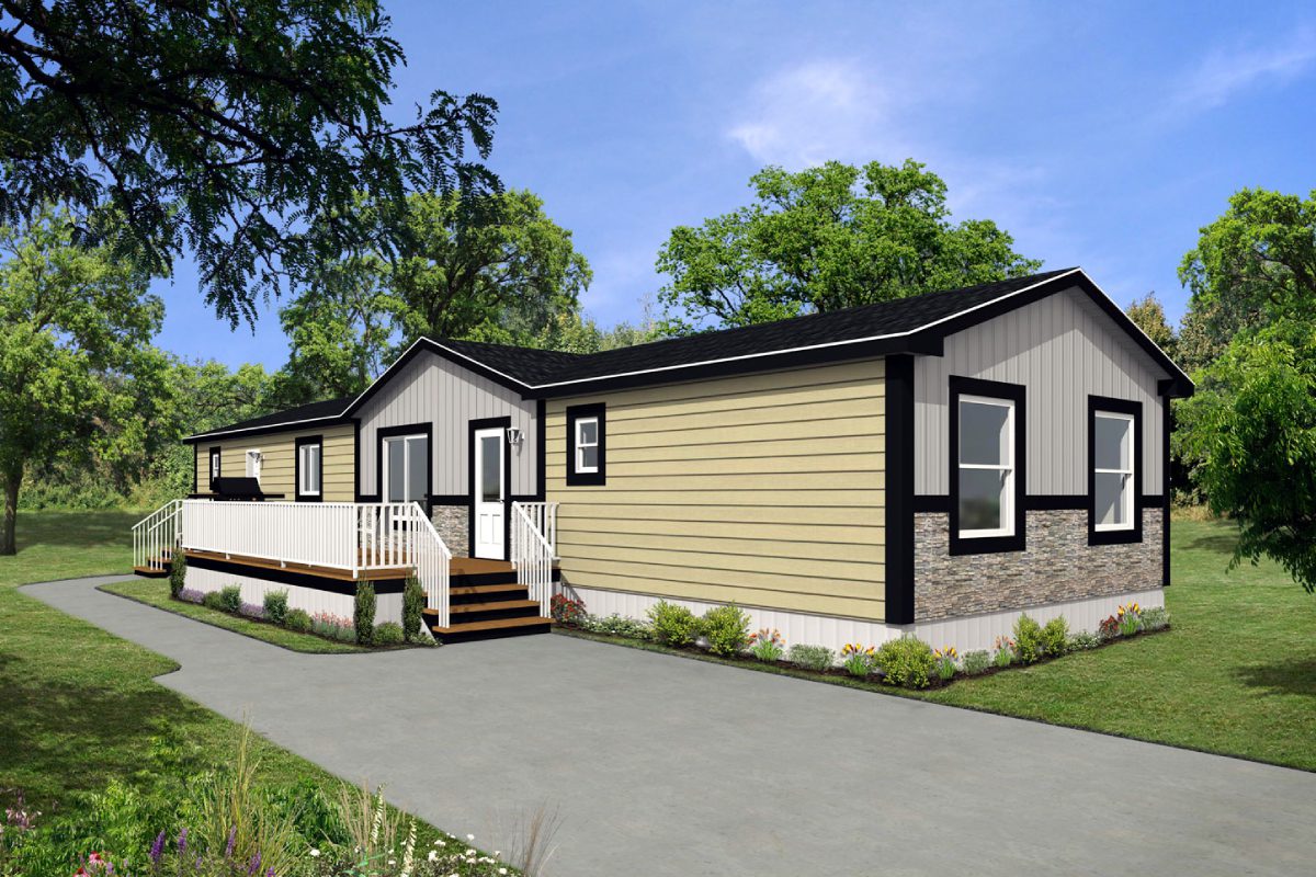 Modern manufactured home with landscaped yard.