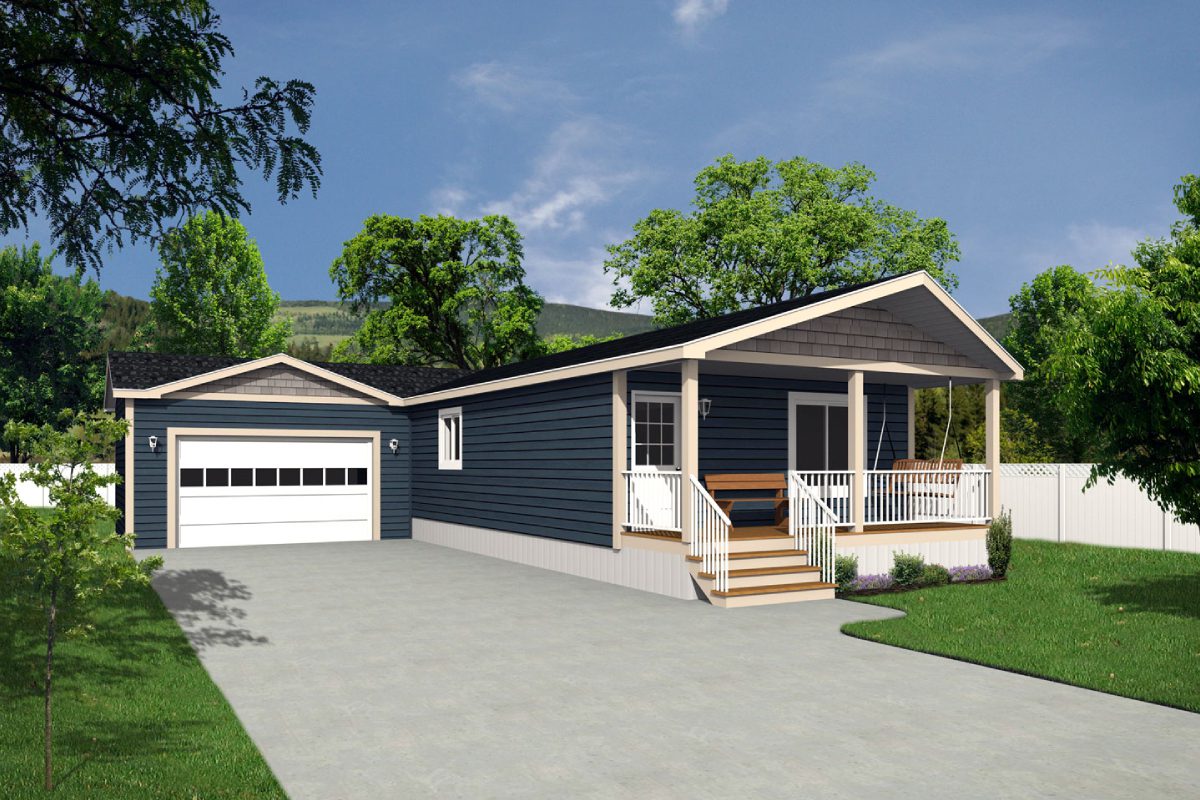 Blue house with garage and front porch.
