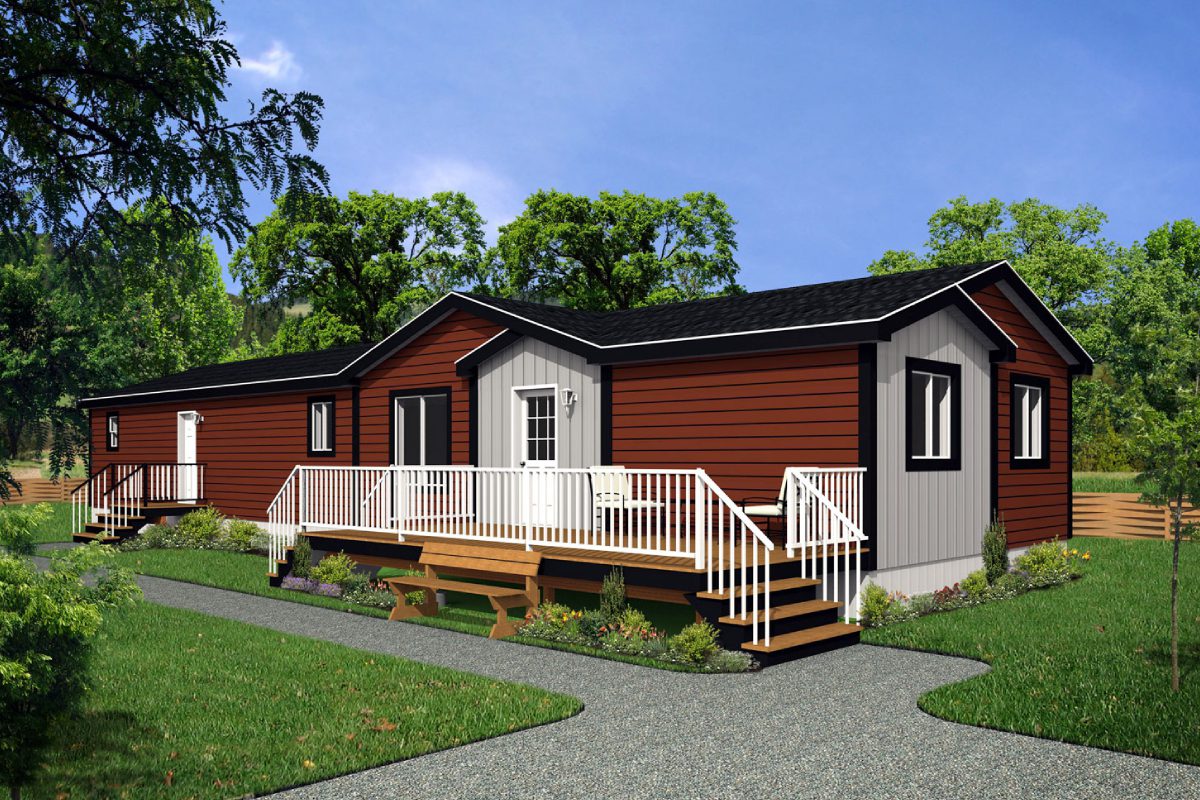 Red and gray house with front porch.