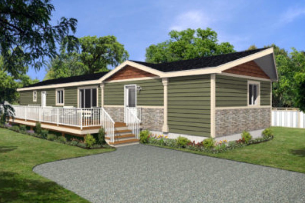 Green modular home with a front porch.