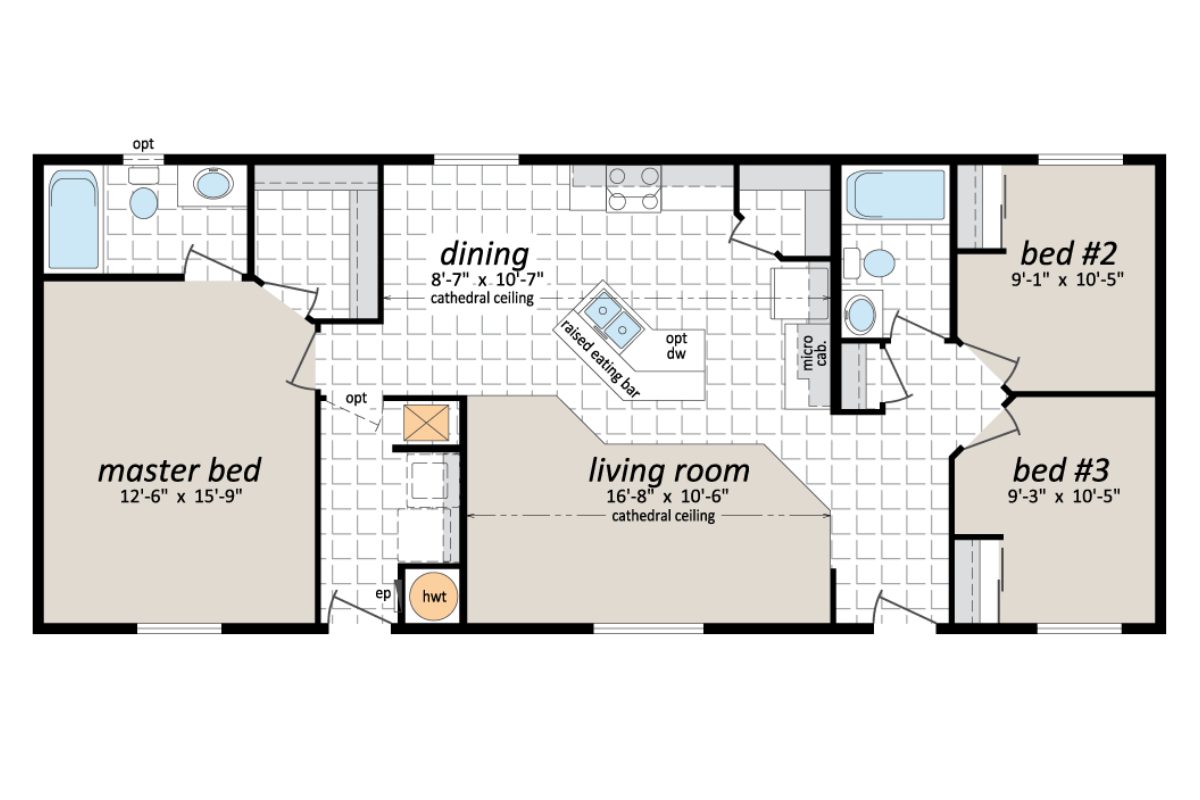 Three-bedroom house floor plan layout.