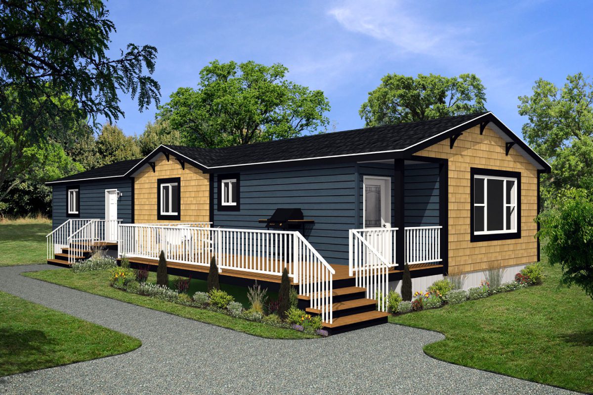 Modern modular home with front porch.