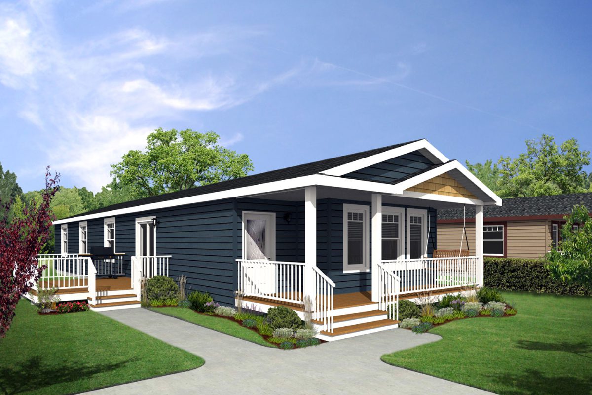 Modern blue manufactured home with white porch.