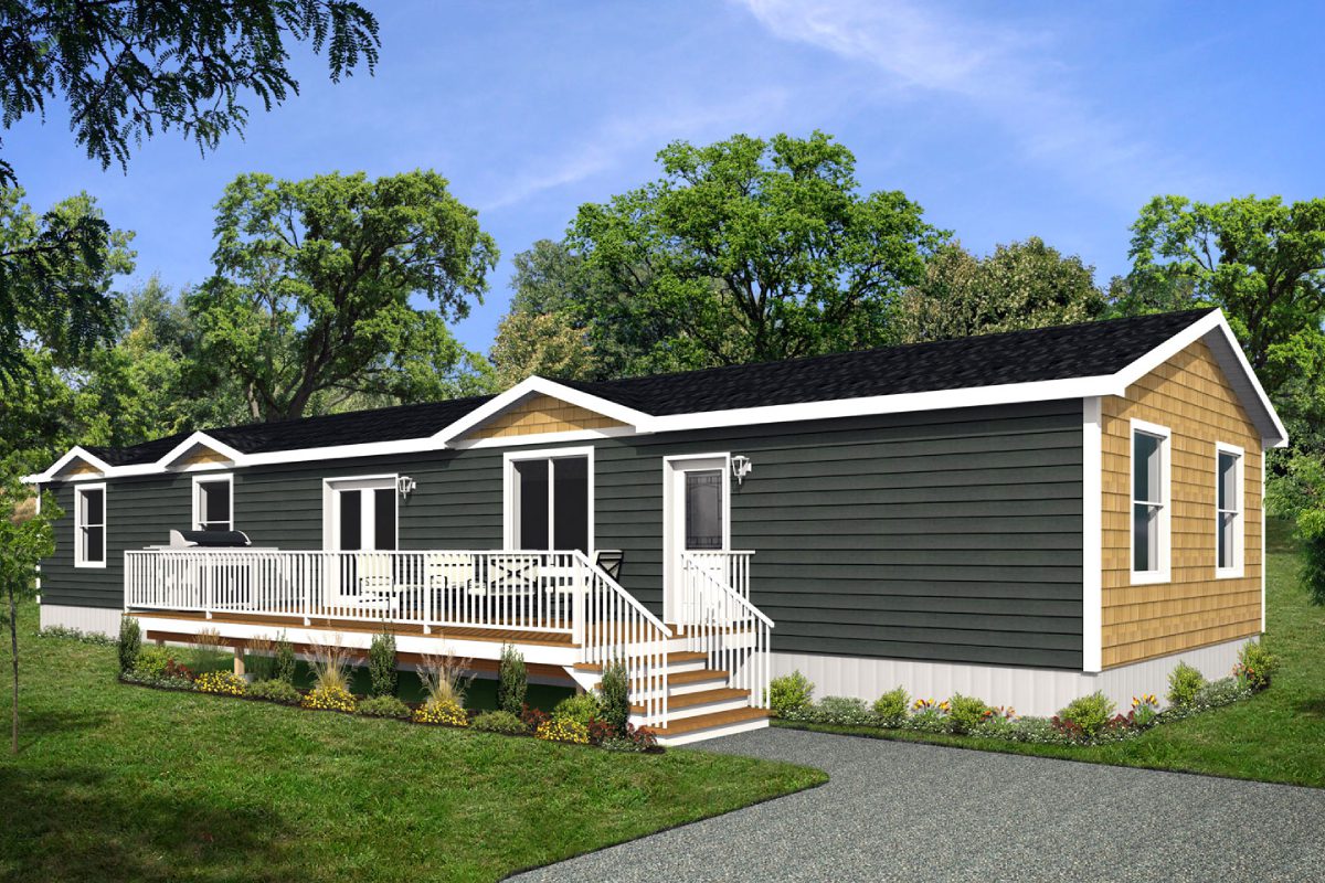 Modern manufactured home with porch and trees.