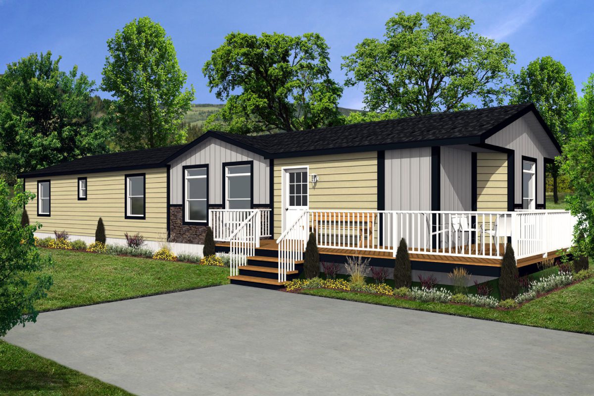 Yellow manufactured home with porch and driveway.