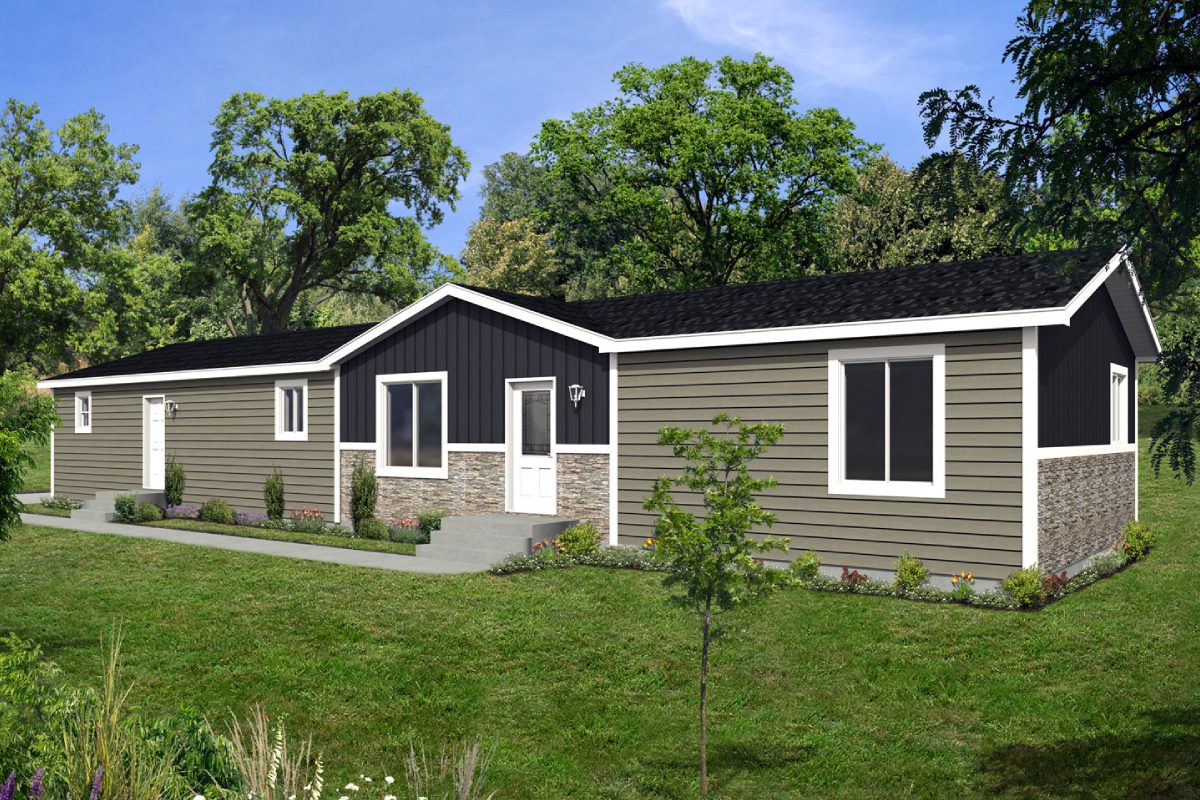 Modern single-story house with surrounding greenery.