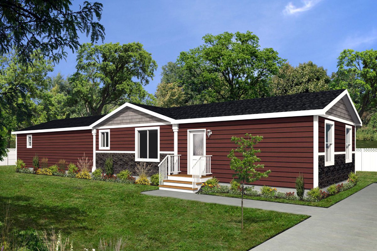Red house with garden and trees.