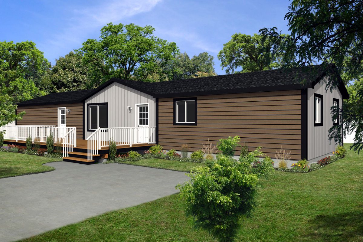 Modern brown and white modular home exterior.