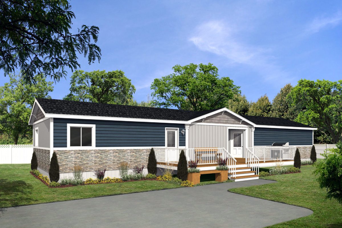 Modern blue mobile home with front porch.