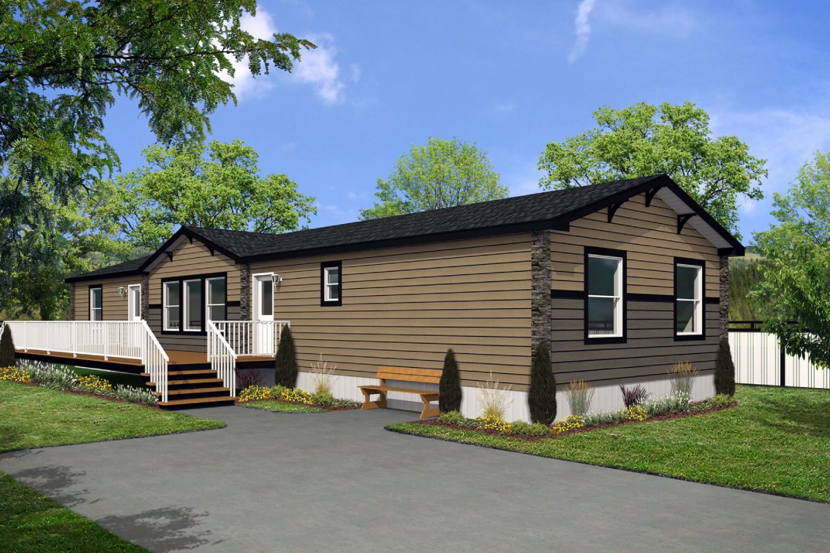 Brown mobile home with porch and driveway.