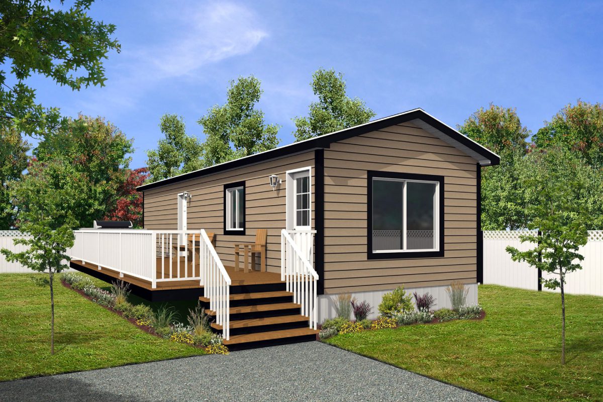 Small house with a wooden deck.