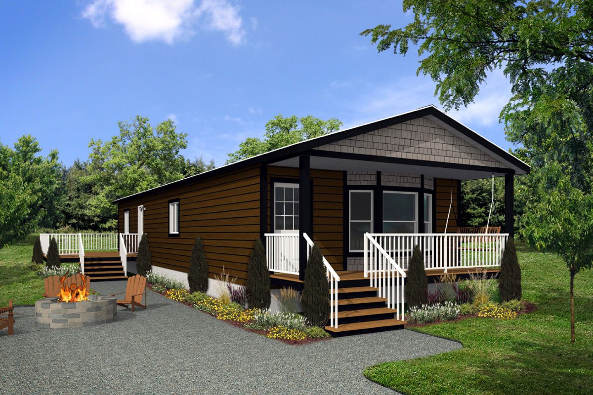 Modern house with porch and fire pit.