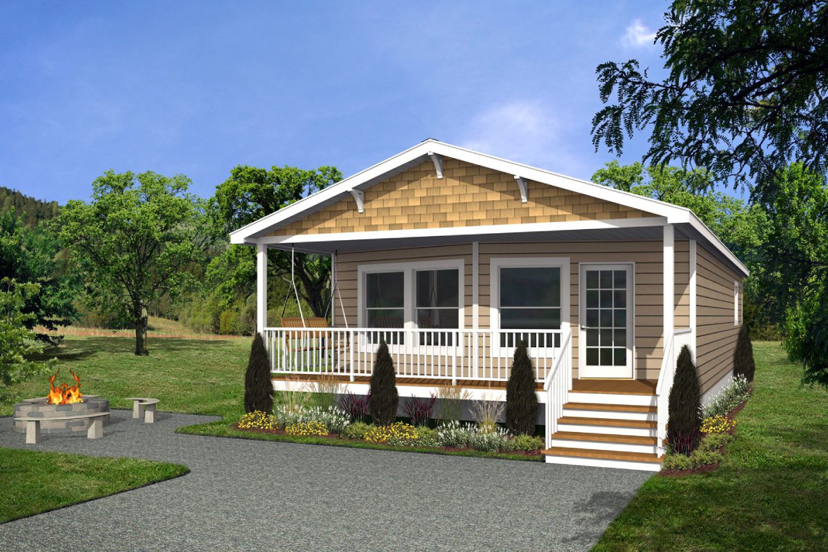 Small house with porch and fire pit.