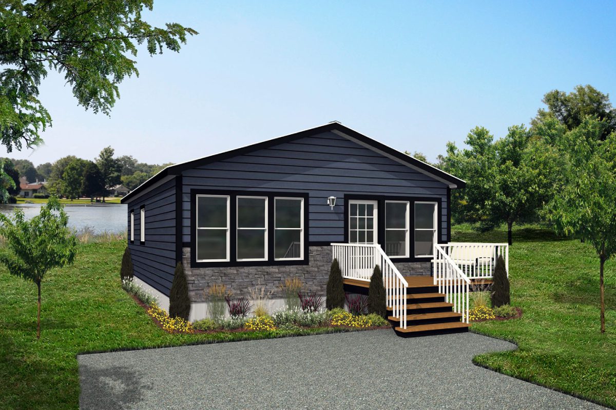 Small house with black siding and porch.