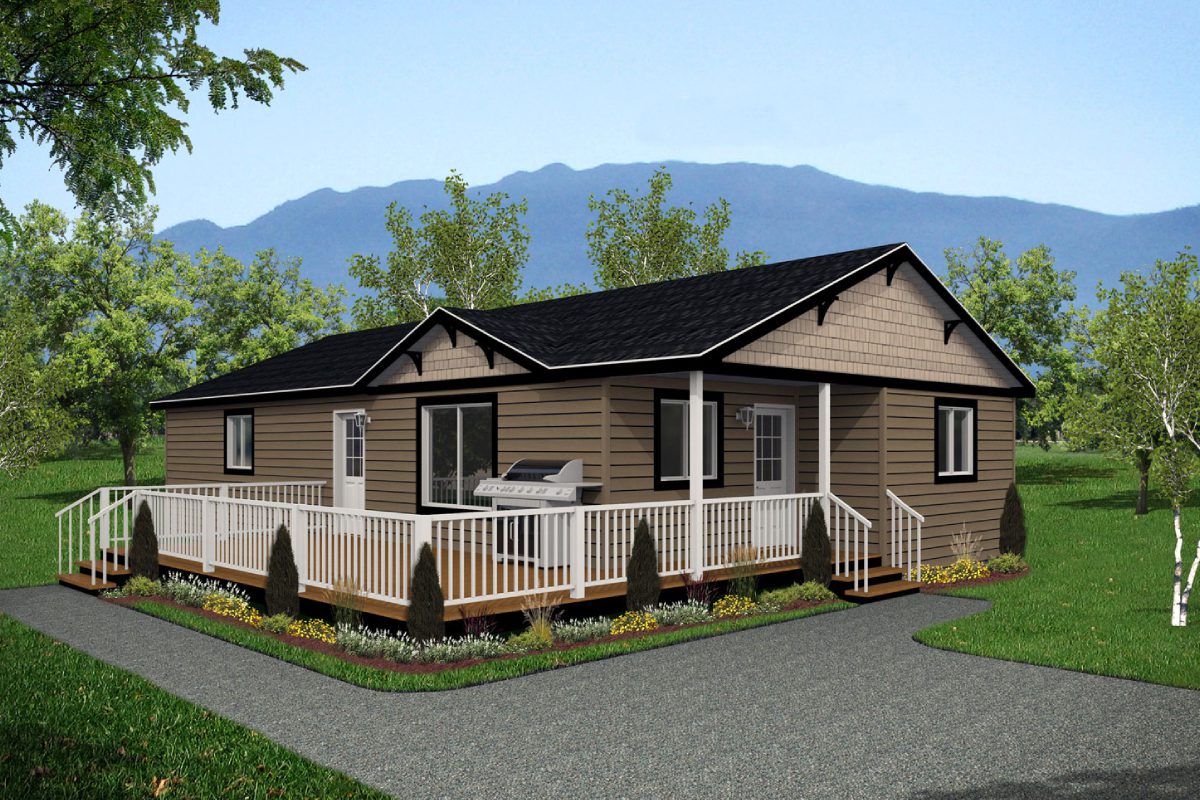 Brown house with porch, trees, and mountains.