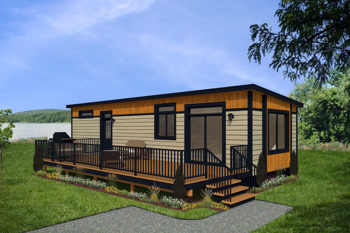 Modern tiny house with wooden deck.