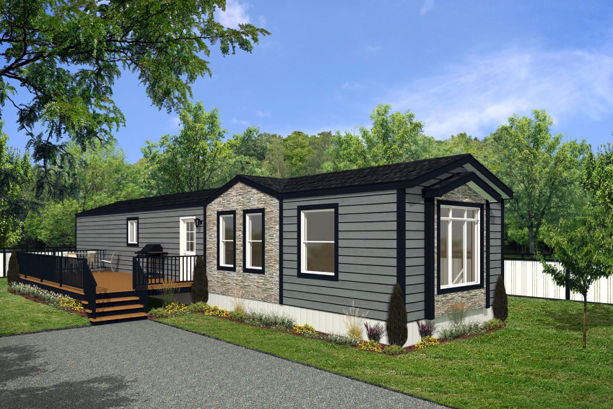 Modern single-story modular home exterior.