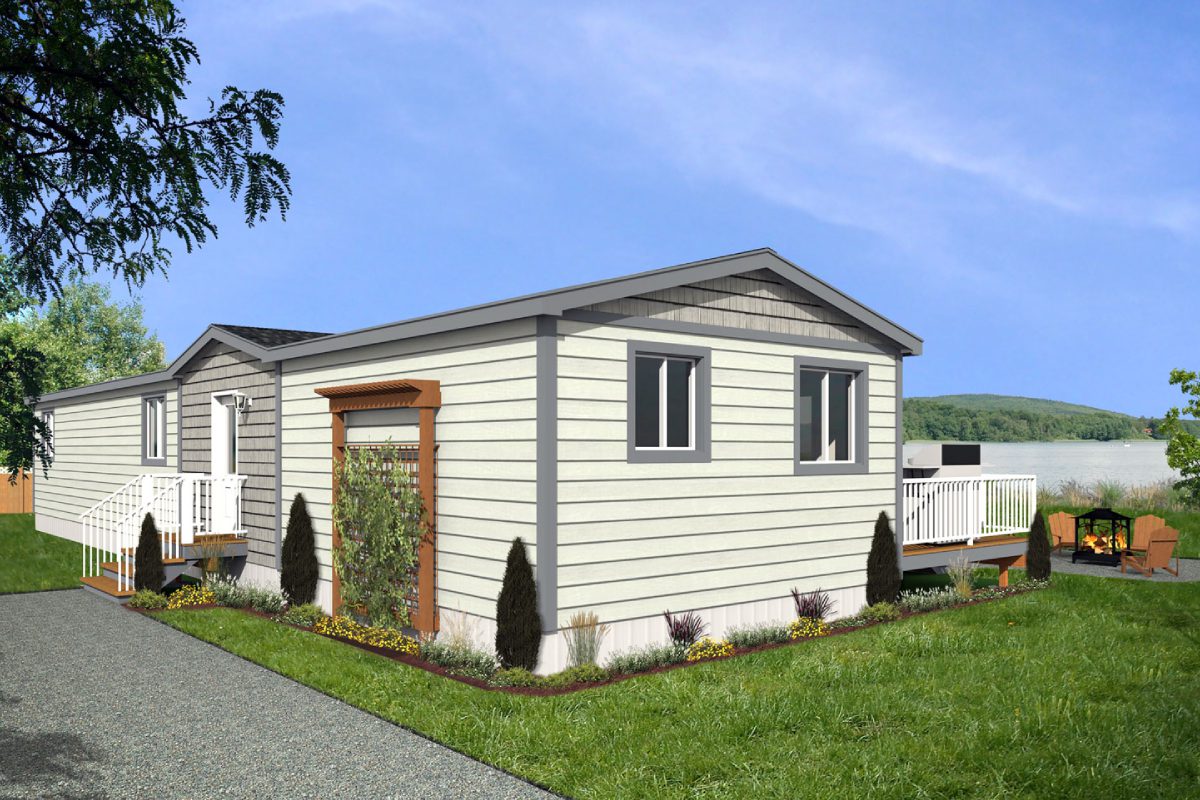 Mobile home with garden and pathway.