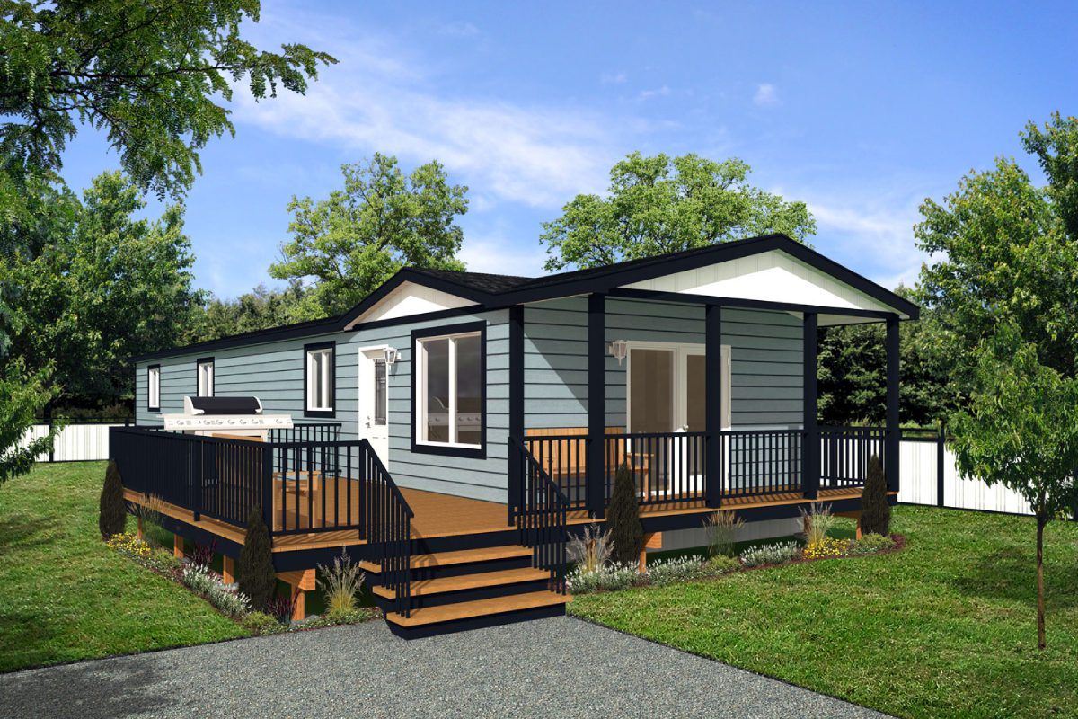 Modern mobile home with wooden deck.
