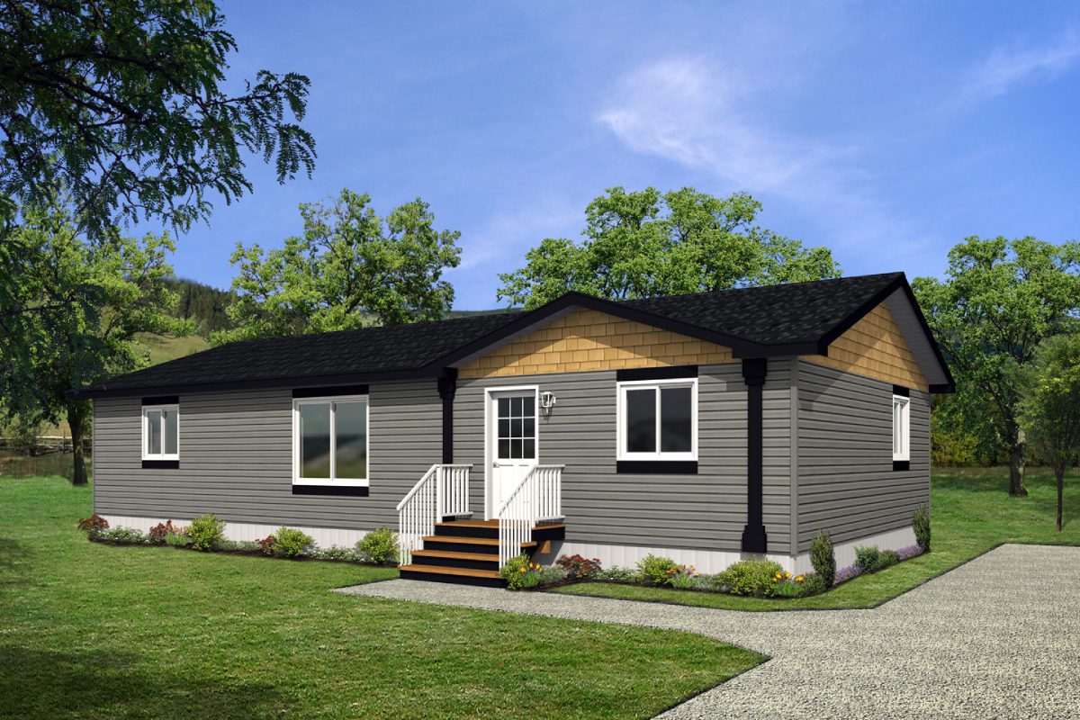 Gray modular home with a front porch.
