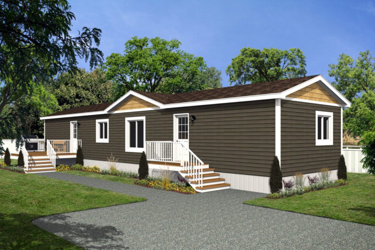 Brown modular home with white trim and steps.