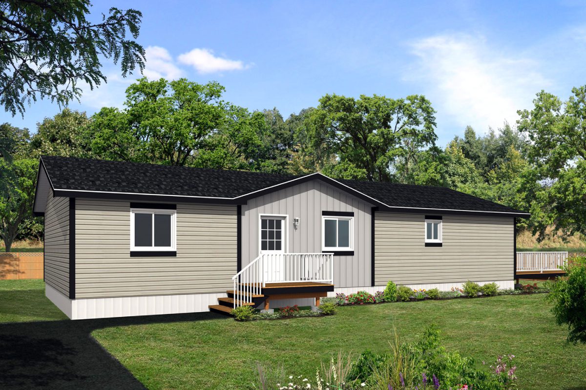 Gray mobile home with front porch and lawn.
