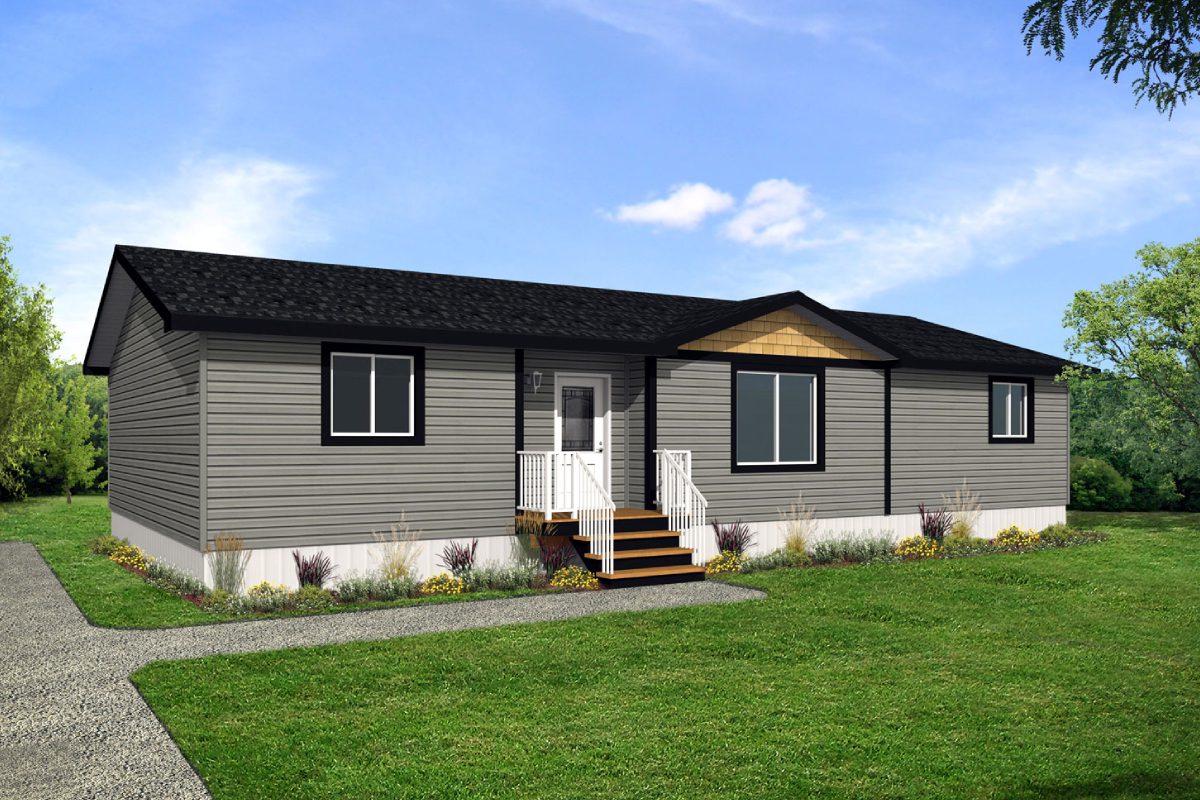 Modern single-story house with gray siding.