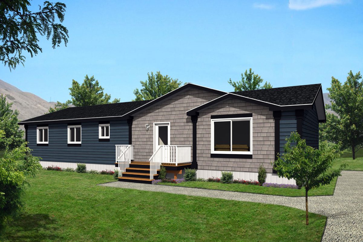Modern single-story house with green lawn.