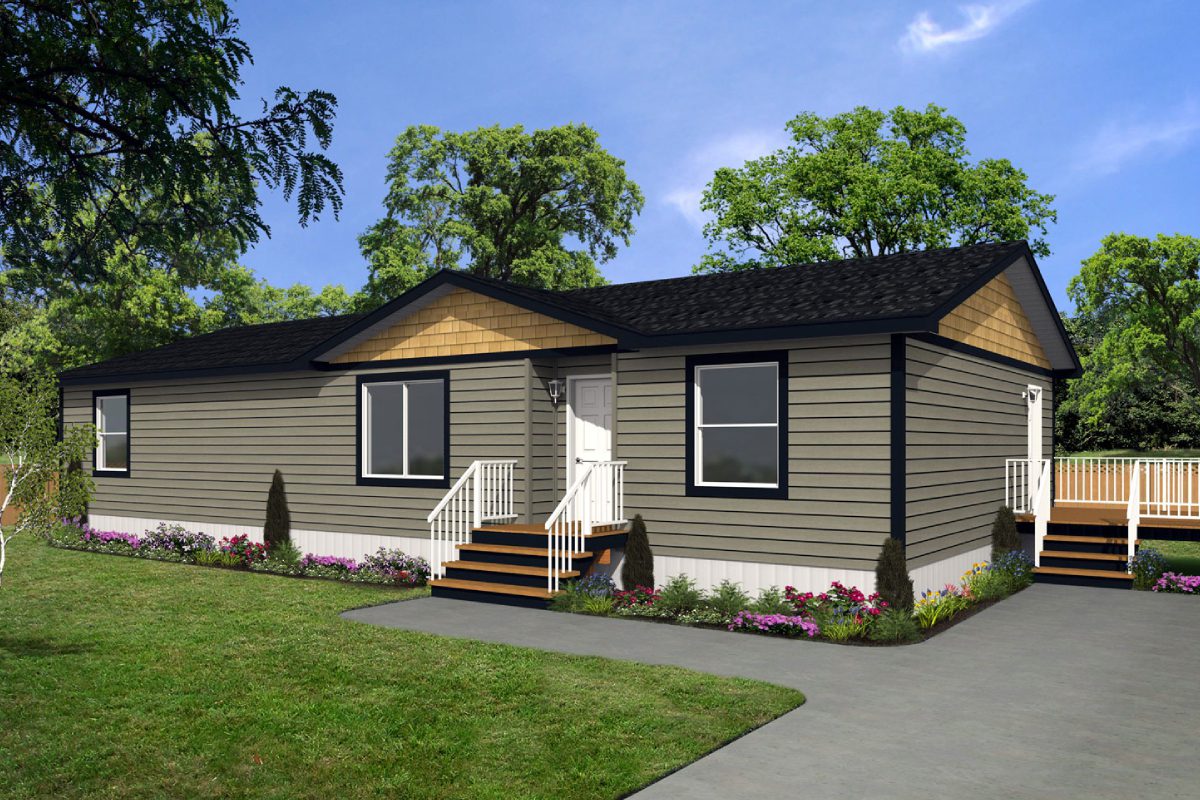 Modern single-story house with landscaped garden.